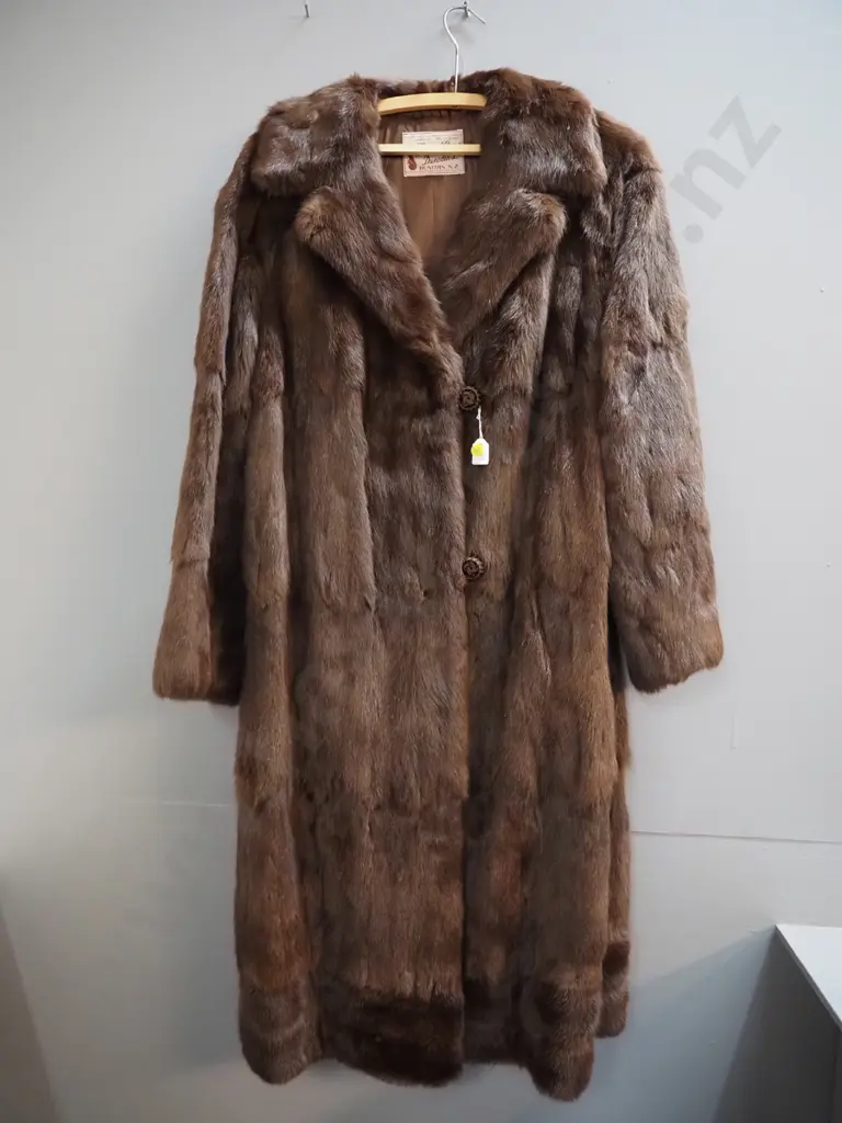 full length brown fur coat with Mutual Furs Dunedin label Image 1++