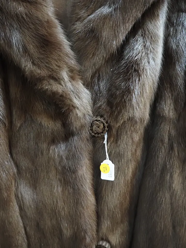 full length brown fur coat with Mutual Furs Dunedin label Image 1++