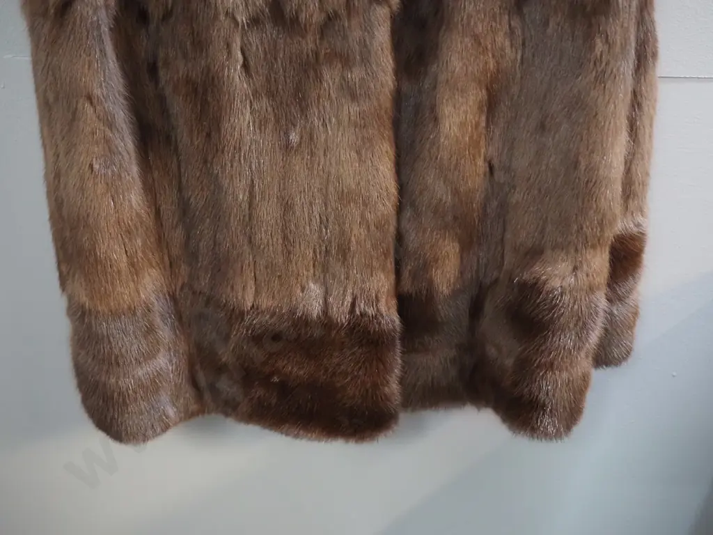 full length brown fur coat with Mutual Furs Dunedin label Image 1++