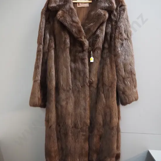 full length brown fur coat with Mutual Furs Dunedin label