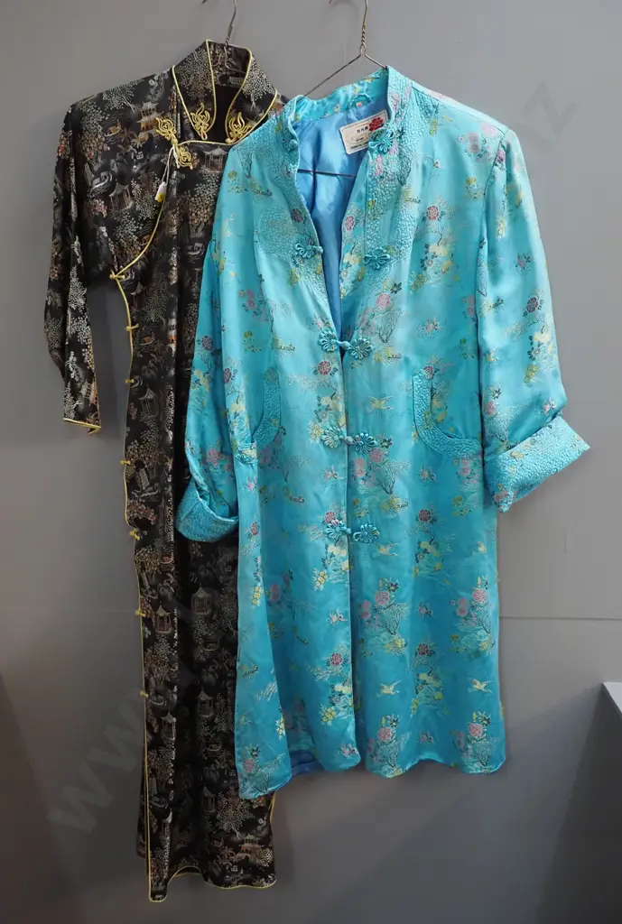 Chinese embroidered  items - blue dressing gown w/made in Shanghai label and a black dress Image 1++