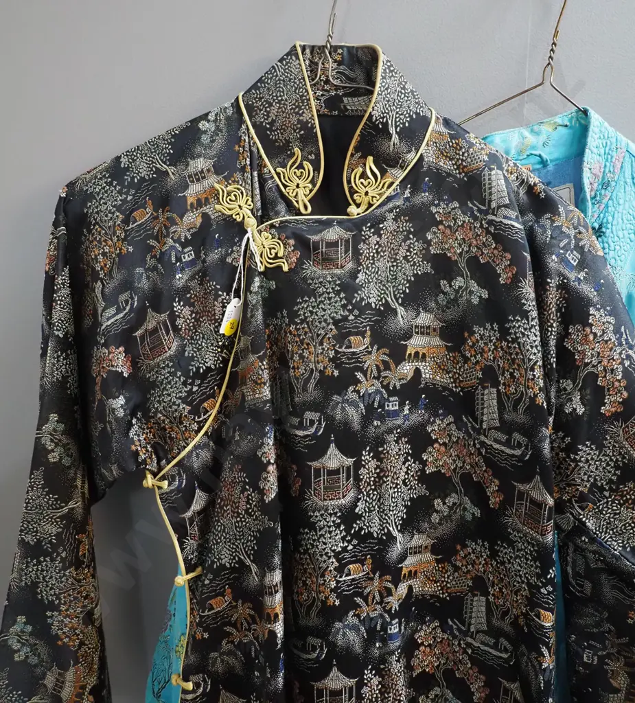 Chinese embroidered  items - blue dressing gown w/made in Shanghai label and a black dress Image 1++