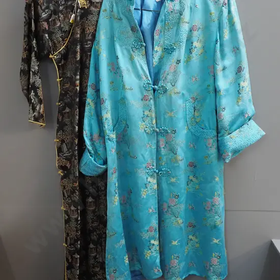 Chinese embroidered  items - blue dressing gown w/made in Shanghai label and a black dress