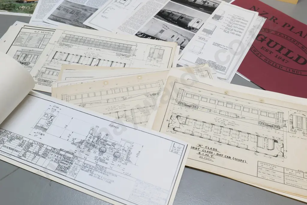 assorted New Zealand and other railway carriage and engine plan booklets, photocopied plans, clippings etc. Image 1++