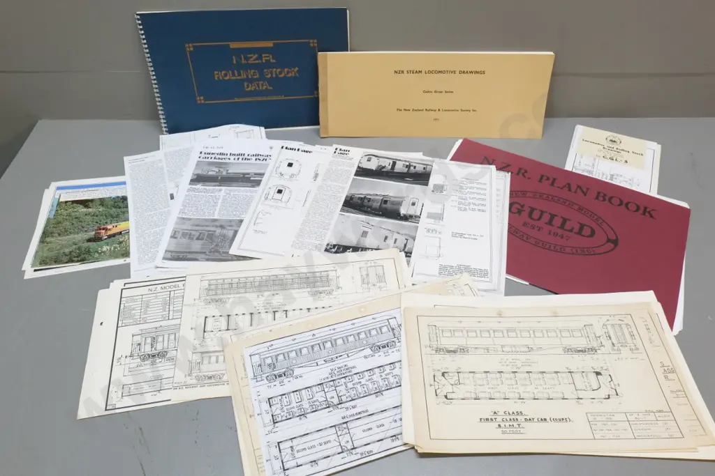 assorted New Zealand and other railway carriage and engine plan booklets, photocopied plans, clippings etc. Image 1++