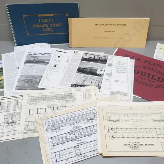 assorted New Zealand and other railway carriage and engine plan booklets, photocopied plans, clippings etc.