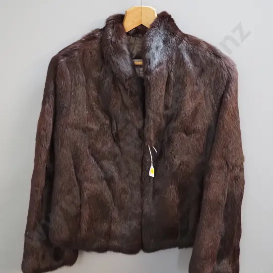 brown fur short jacket with Mutual Furs Dunedin label