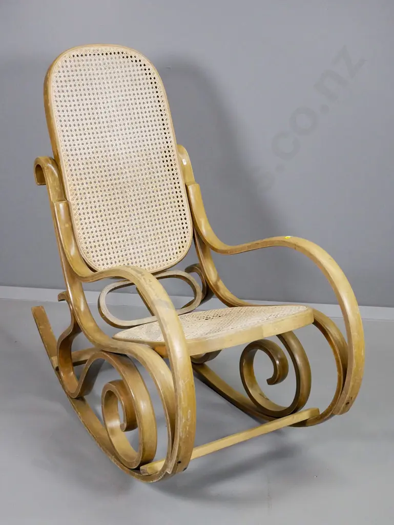 vintage bent wood rocking chair with bergere cane seat and back, polish needs work, small fault to cane H1000 W510 D1000 Image 1++