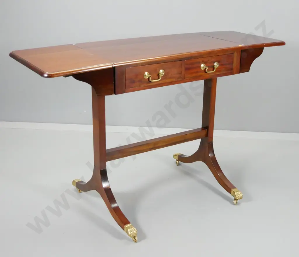 mahogany Regency-style drop-end hall table w/2 drawers, brass ball & claw feet & casters H840 D440 W1340 open Image 1++