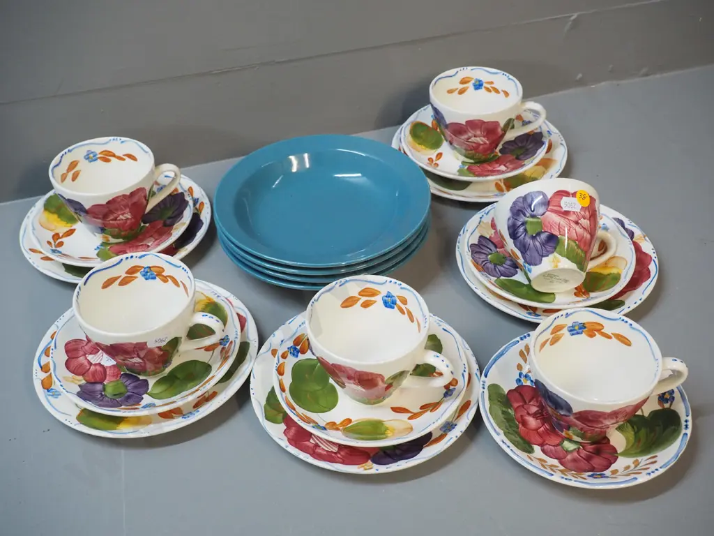 Crown Lynn items - 5 'Fleurette' trios and odd cup, 4 colour glaze bowls, and odd Belle Fiore saucer Image 1++