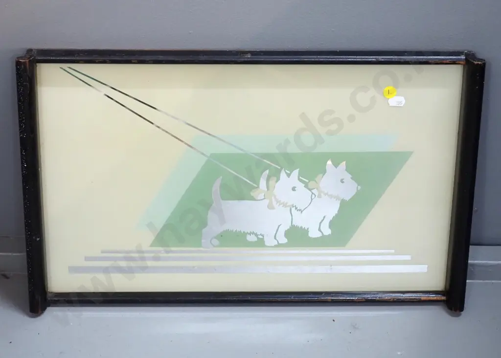 retro timber and mirrored glass serving tray with Scottie dogs motif - some rubbing to polish L490 W305 Image 1++