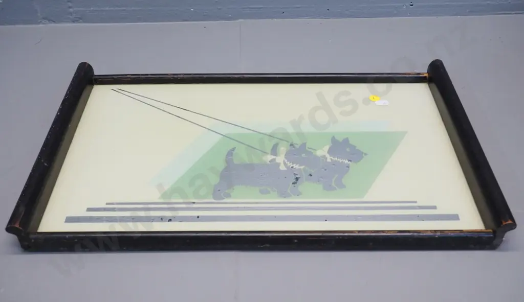 retro timber and mirrored glass serving tray with Scottie dogs motif - some rubbing to polish L490 W305 Image 1++
