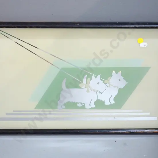 retro timber and mirrored glass serving tray with Scottie dogs motif - some rubbing to polish L490 W305
