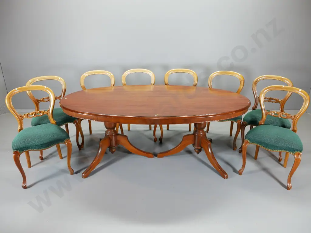 kauri oval twin pedestal dining table & 8 balloon back chairs w/green tweed seat - some timber fading H730 L1960 W1130 Image 1++