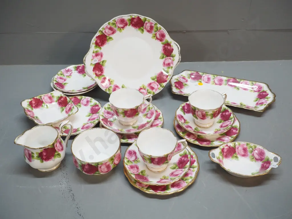 Royal Albert Old English Rose tea ware - 3 trios (wear to gilt) cake plate, sandwich tray, cream and sugar, etc. Image 1++