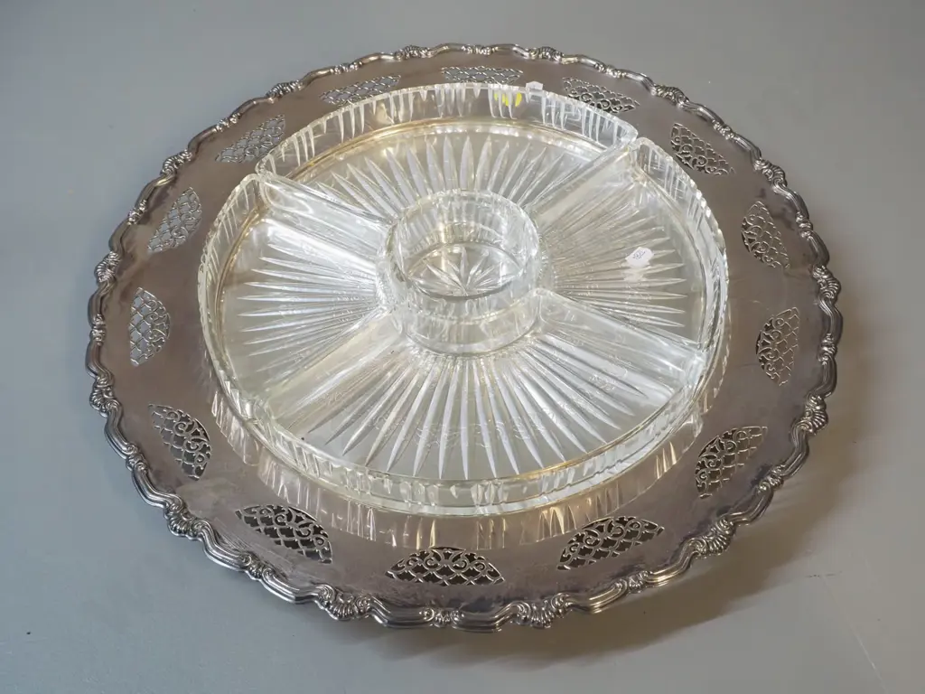 silver plated Lazy Susan with set of 5 glass inserts - Diameter 430 Image 1++