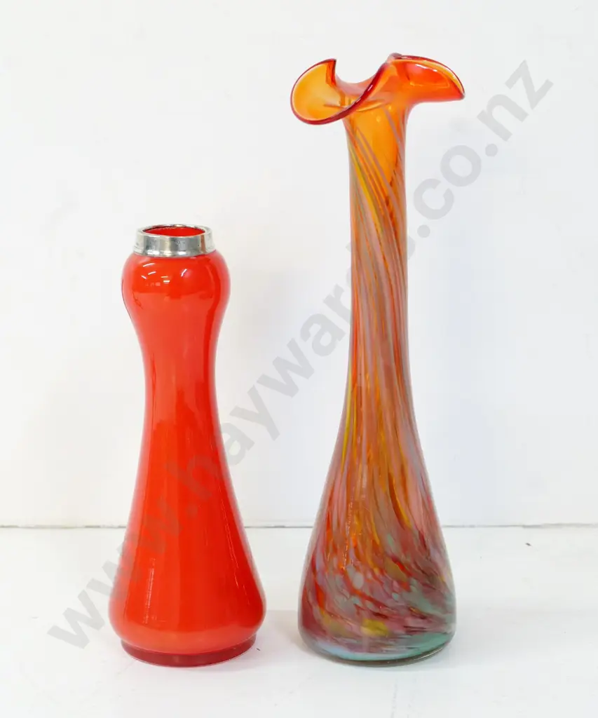 art glass vase H-270 and a small red glass vase with sterling silver rim (manufacturing fault to glass) Image 1++