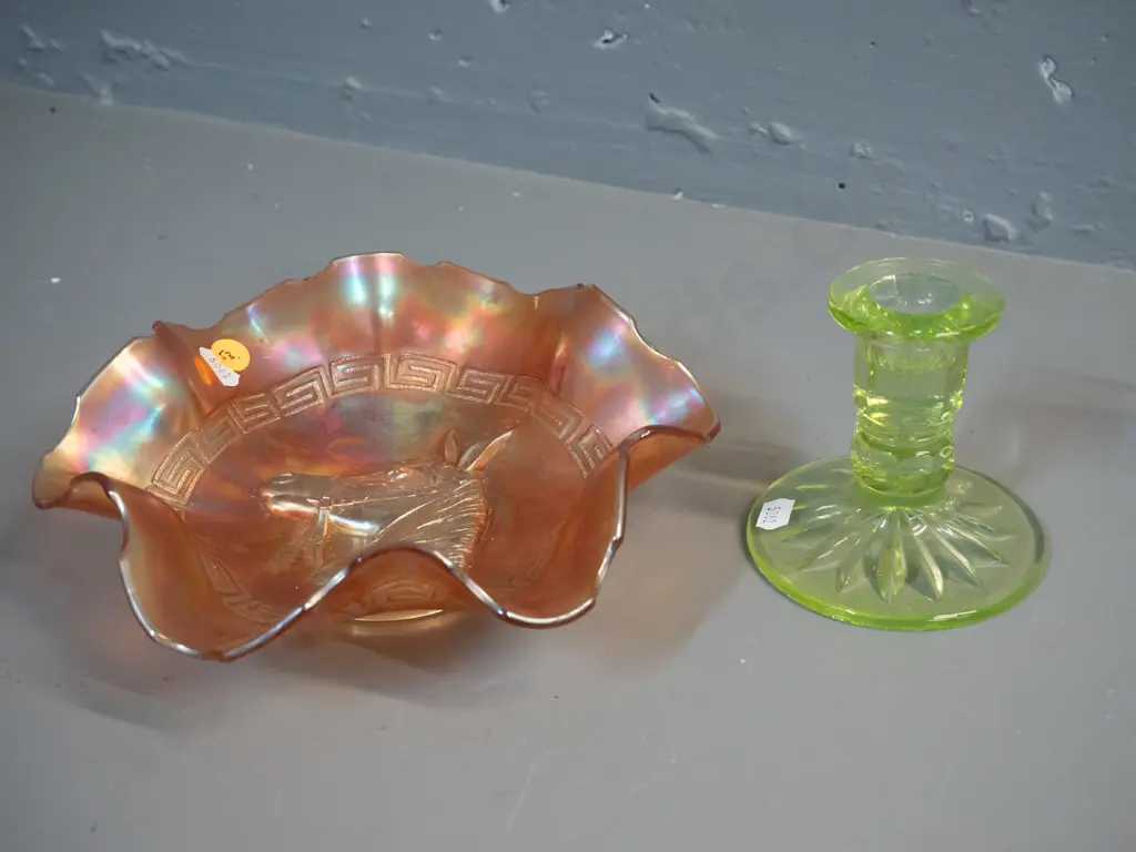 marigold carnival glass horse-motif bowl D-200 and a green uranium glass candlestick Image 1++
