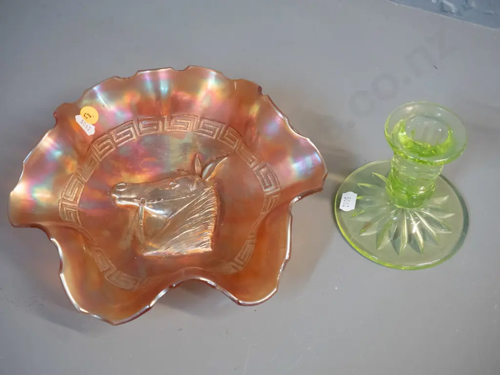 marigold carnival glass horse-motif bowl D-200 and a green uranium glass candlestick Image 1++