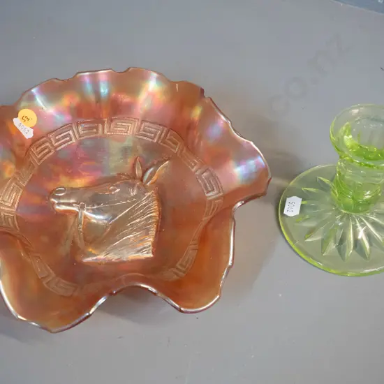marigold carnival glass horse-motif bowl D-200 and a green uranium glass candlestick