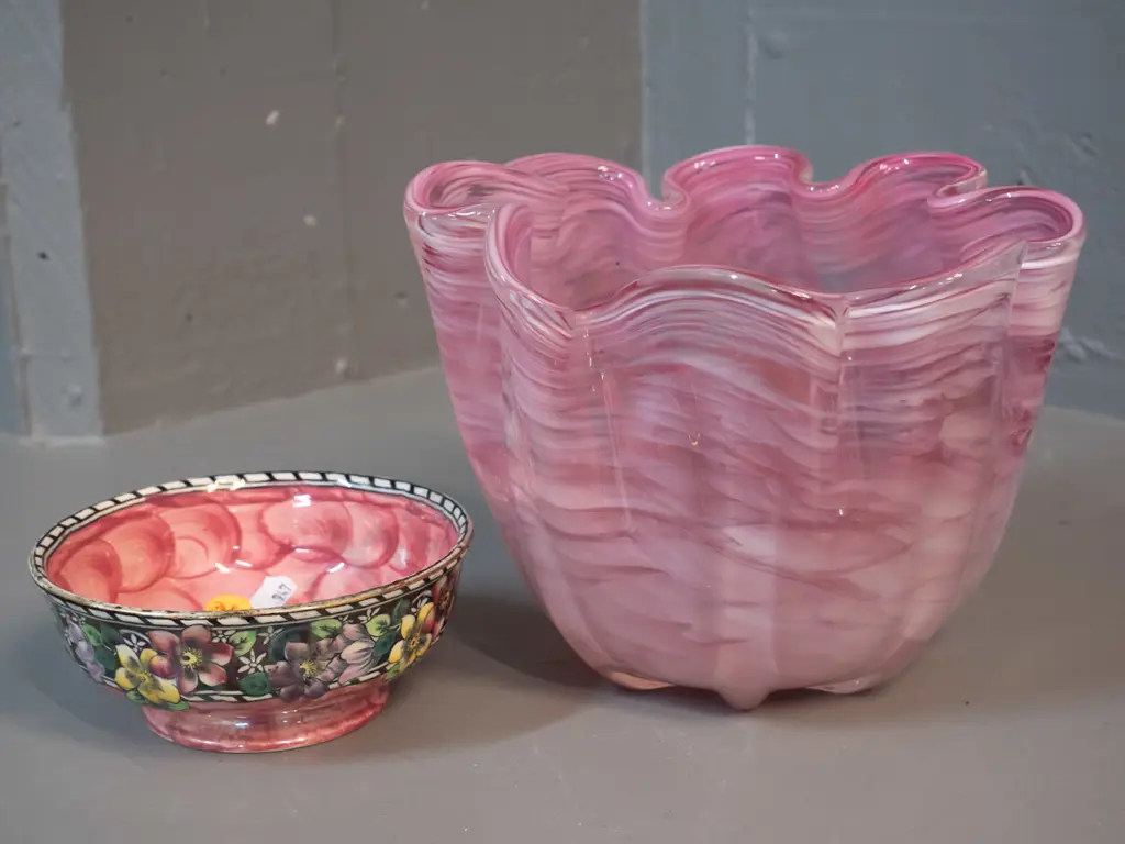 art glass pink and white waved edge vase H-140 D-190  & Maling pink thumbprint clematis pattern small bowl Image 1++