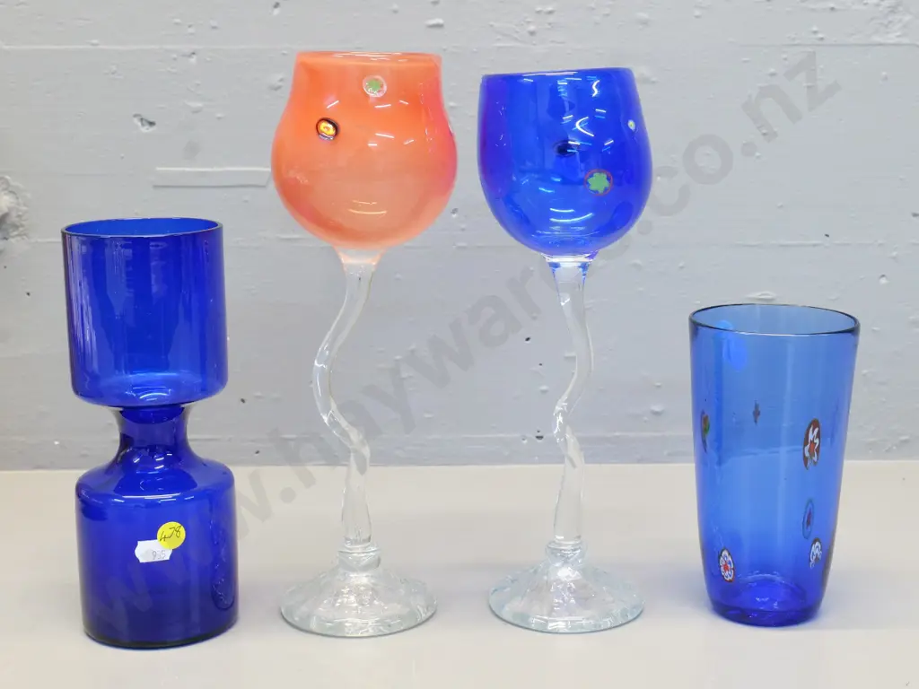 4 pieces coloured glass - blue waisted vase & tumbler and 2 clear stemmed goblets with millefiore insets, tallest H300 Image 1++