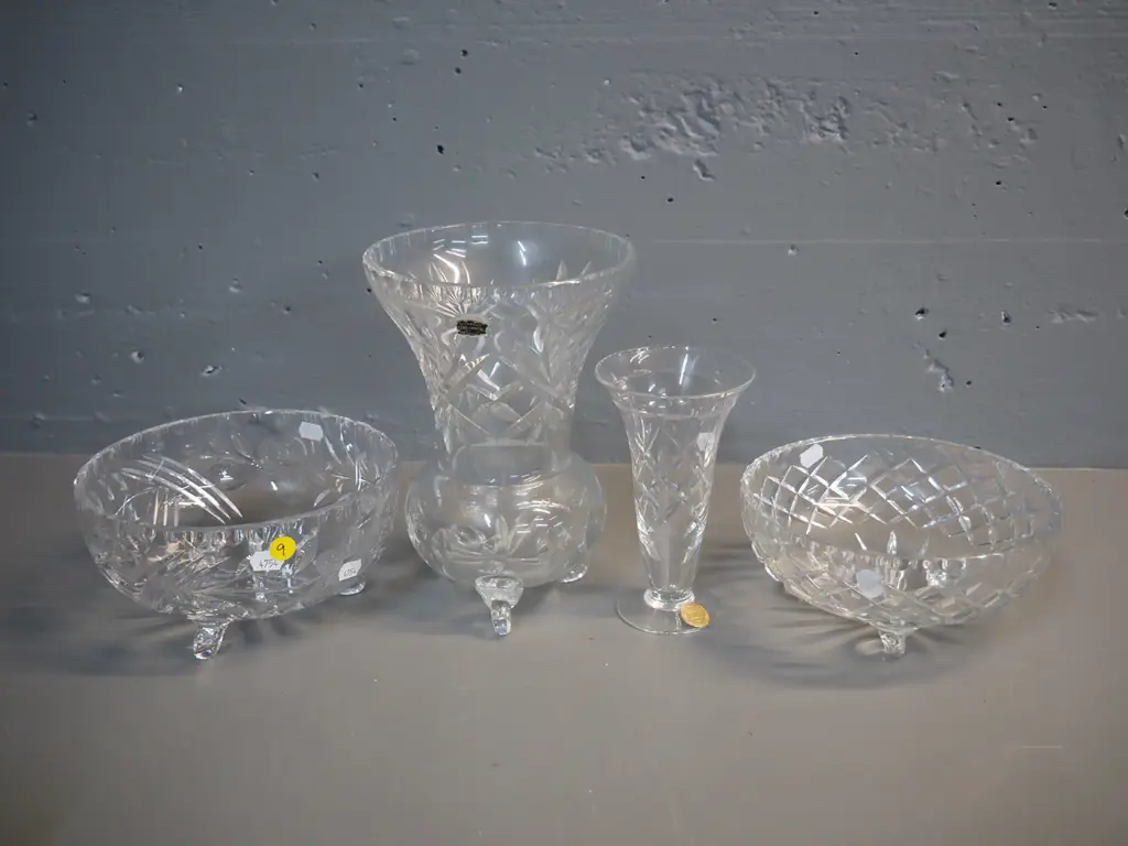 4 crystal items - two 3-footed bowls, Bohemian vase H-220 and a Webb-Corbett vase Image 1++