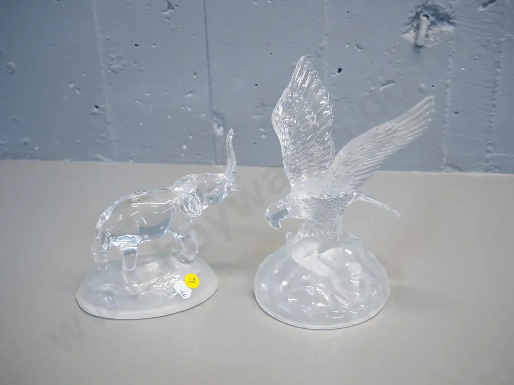2 glass animal figures - eagle H200 with Crystal D'Arque France label and elephant Image 1++