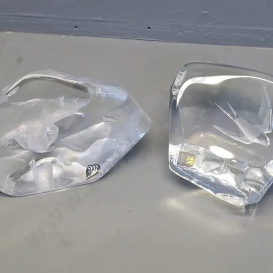 2 Mats Jonasson Swedish moulded lead crystal animal ornaments - polar bear H100 W150 and swift w/small edge chip