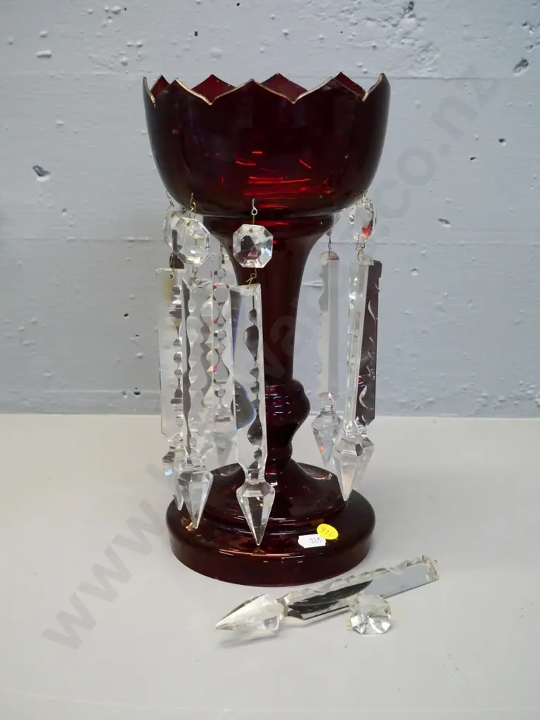 ruby glass lustre comport vase - 2 lustres needs new wire attachments H-310 Image 1++