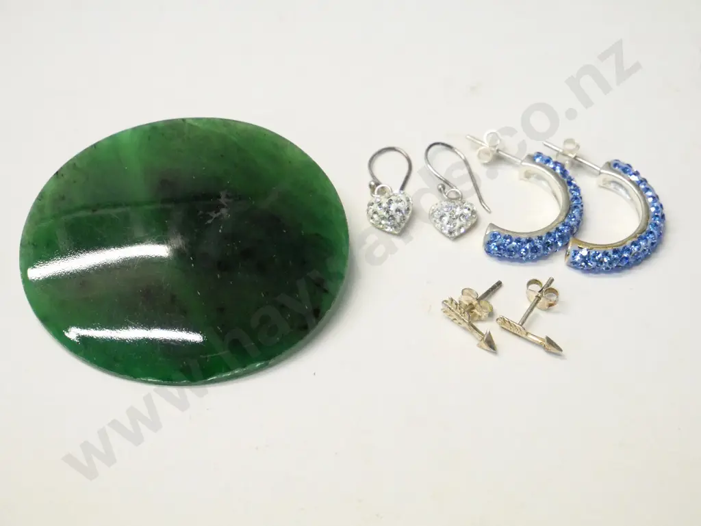 3 pairs asstd earrings all stamped 925 & green stone brooch Image 1++