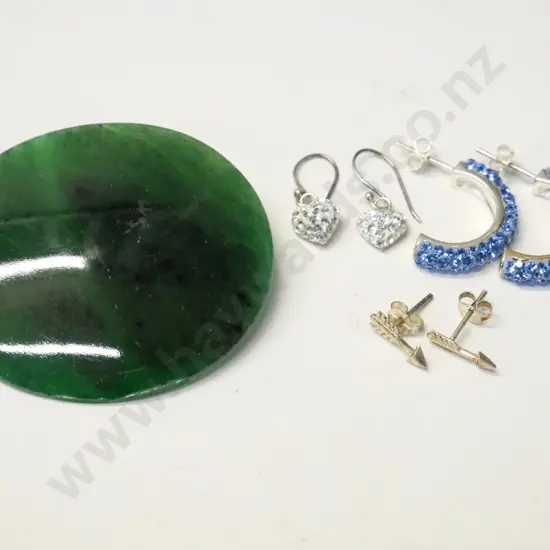 3 pairs asstd earrings all stamped 925 & green stone brooch