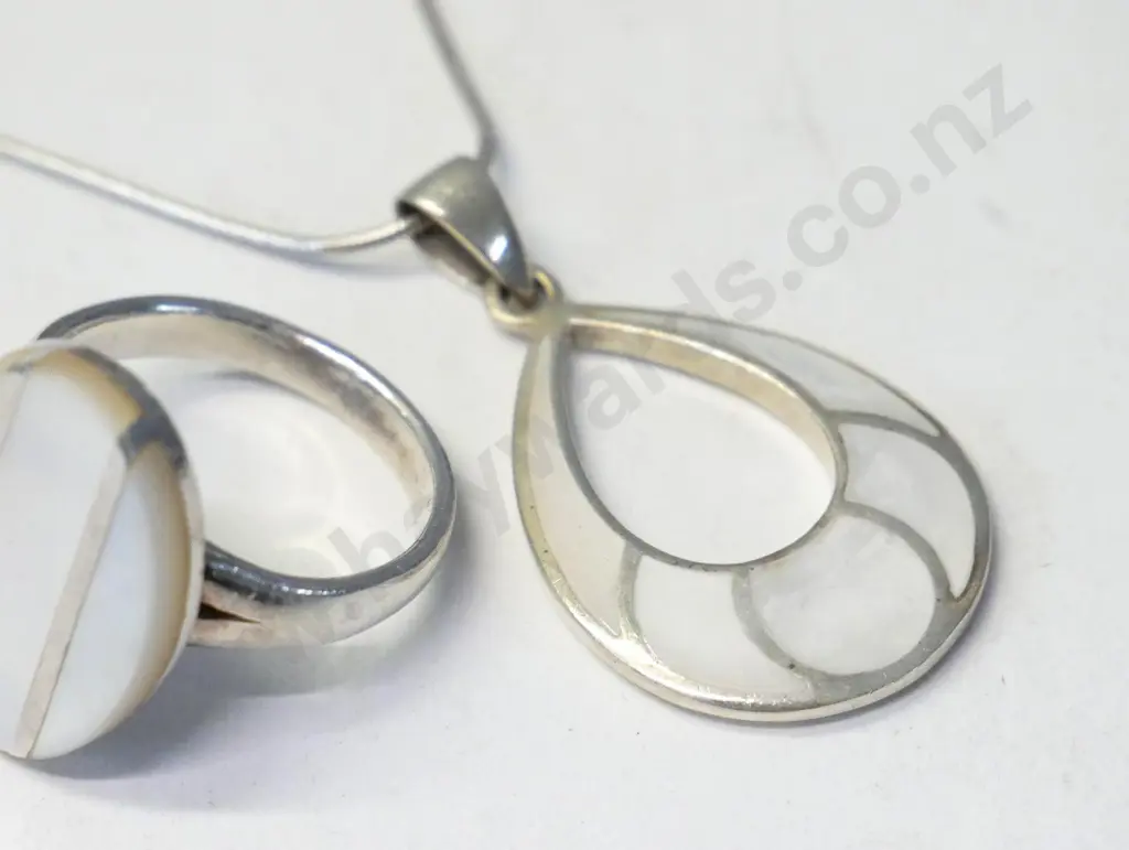 silver necklace with white enamel & matching ring all stamped 925 Image 1++