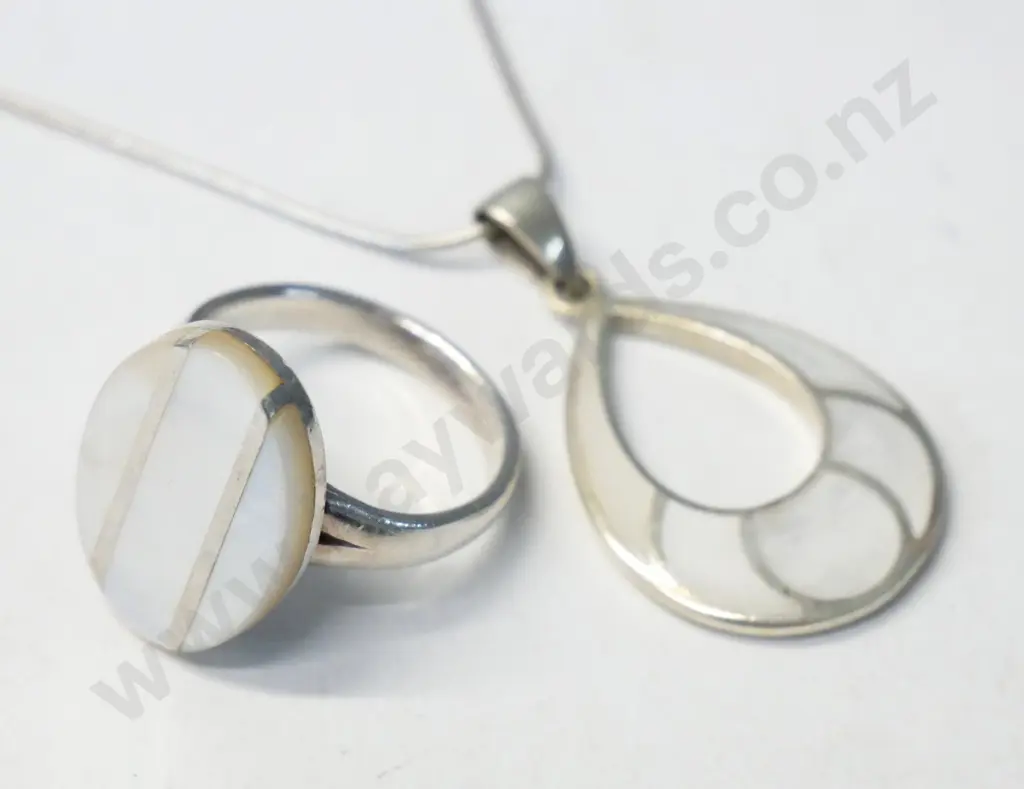 silver necklace with white enamel & matching ring all stamped 925 Image 1++