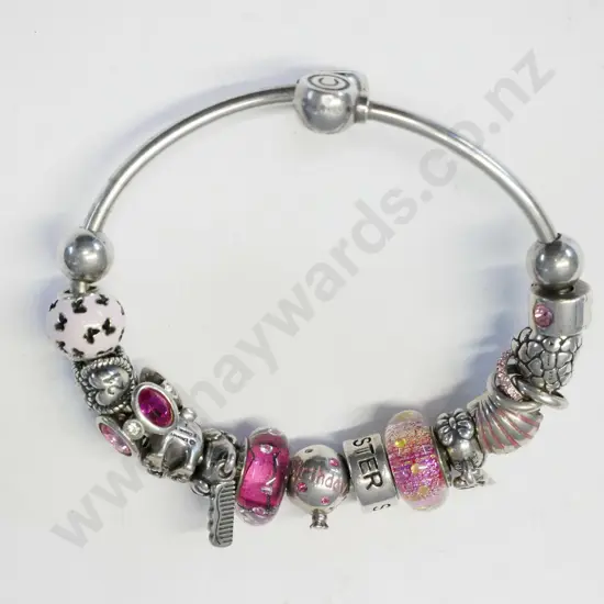 silver bangle with coloured ball charms stamped 925