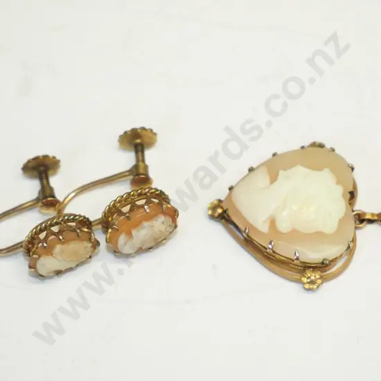 cameo necklace & earrings - earrings stamped 9ct lined