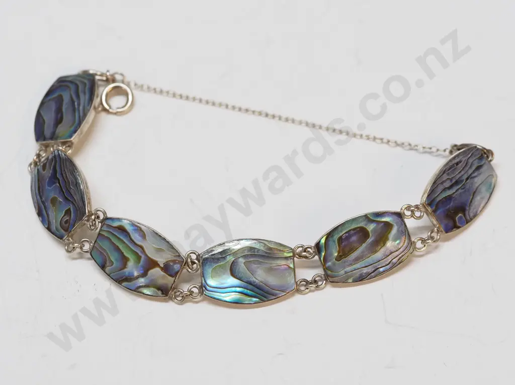 paua shell bracelet with safety chain stamped stgsil Image 1++