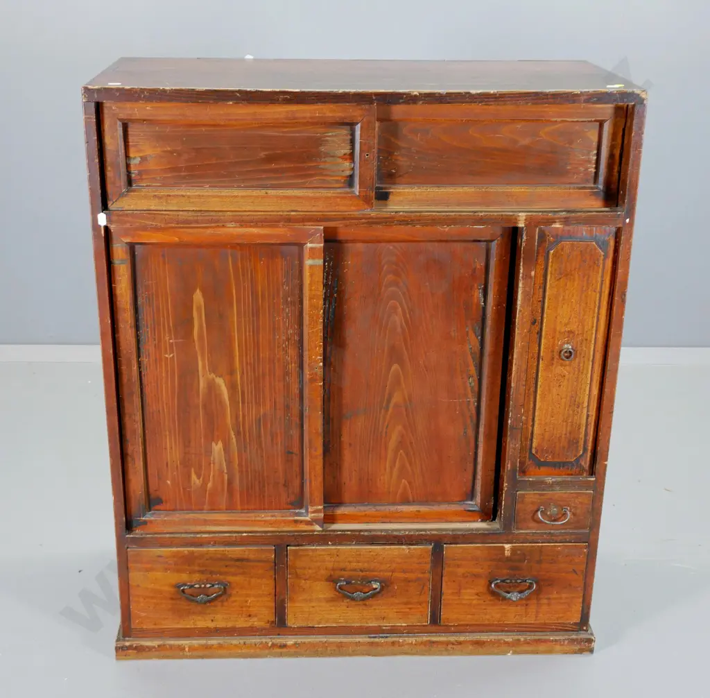 Reproduction? Chinese pine cabinet with 4 drawers, 2 sliding doors - some wear to finish H940 W790 D360 Image 1++