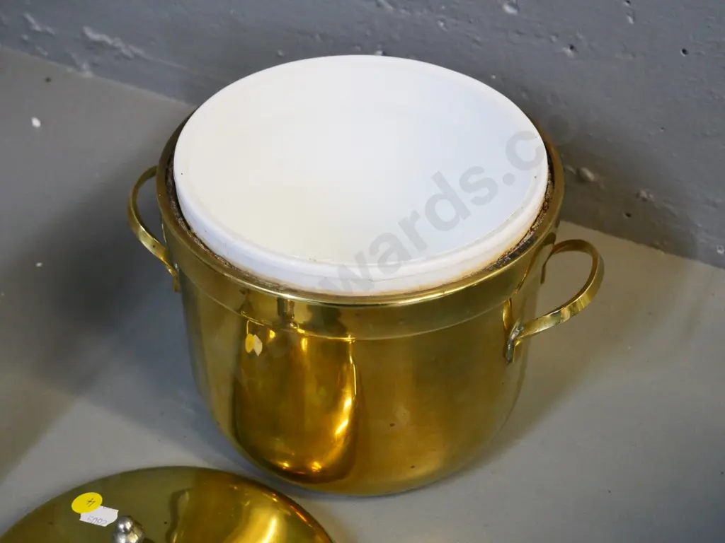 solid brass handled and lidded ice bucket - tiny chip to rim of white glass liner H250 ncluding lid W230 Image 1++