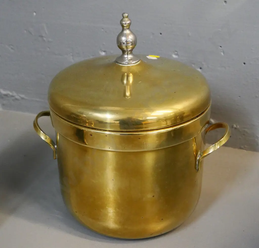solid brass handled and lidded ice bucket - tiny chip to rim of white glass liner H250 ncluding lid W230 Image 1++