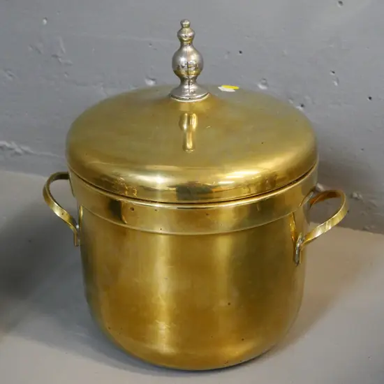 solid brass handled and lidded ice bucket - tiny chip to rim of white glass liner H250 ncluding lid W230