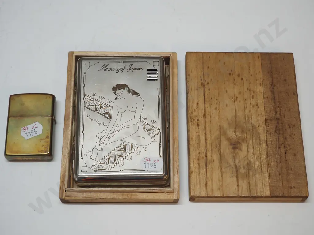 large boxed silver cigarette lighter engraved 'Memory of Japan' & small brass lighter Image 1++