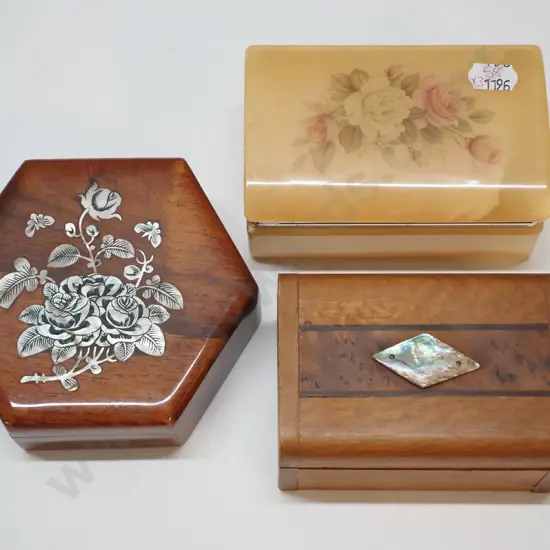 3 small trinket boxes - 1 alabaster & 2 wooden