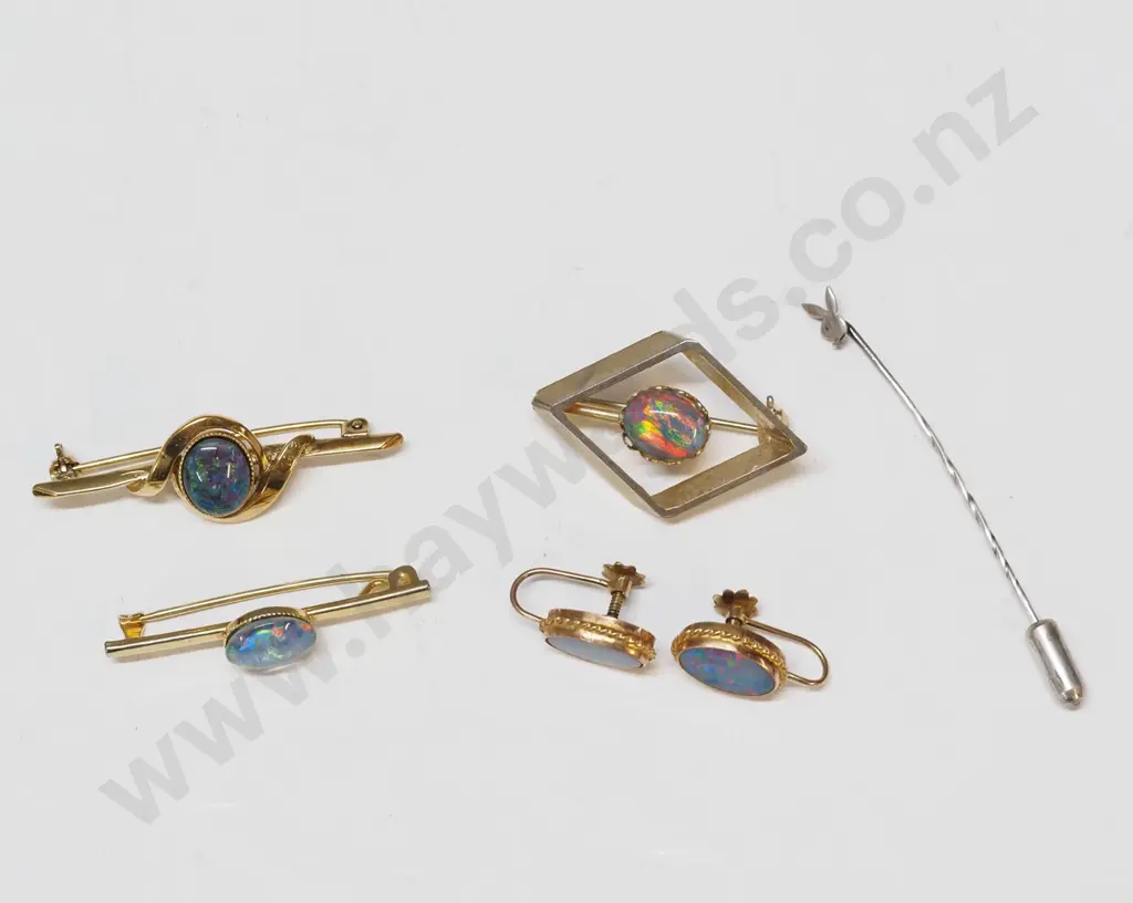 3 opal brooches,pr opal earrings [screw on] & playboy lapel pin [no marks on any] Image 1++