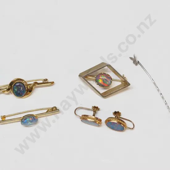 3 opal brooches,pr opal earrings [screw on] & playboy lapel pin [no marks on any]