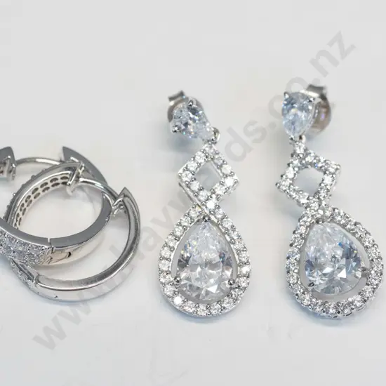 2 pairs of silver cz earrings both stamped 925