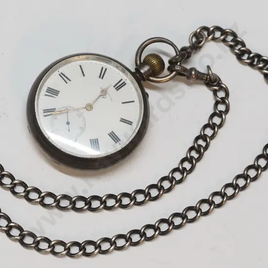 silver pocket watch & chain stamped lion, achor Z