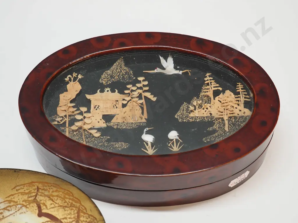 2 trinket boxes - 1 wooden with Asian scene & 1 paper mache Image 1++