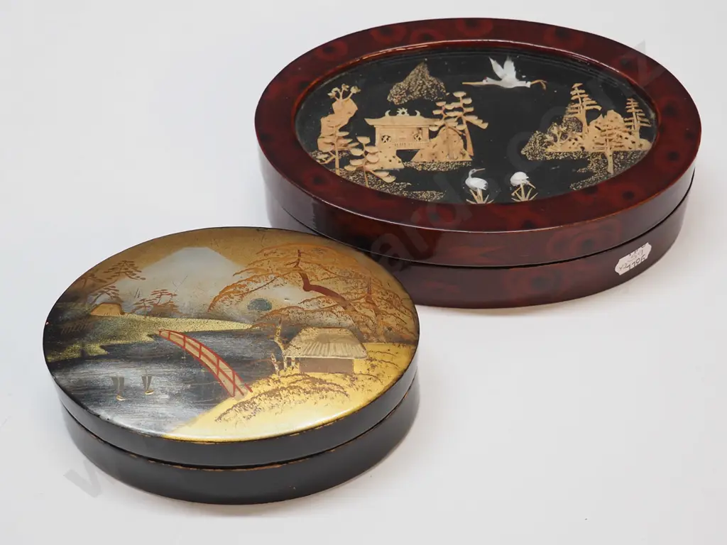2 trinket boxes - 1 wooden with Asian scene & 1 paper mache Image 1++