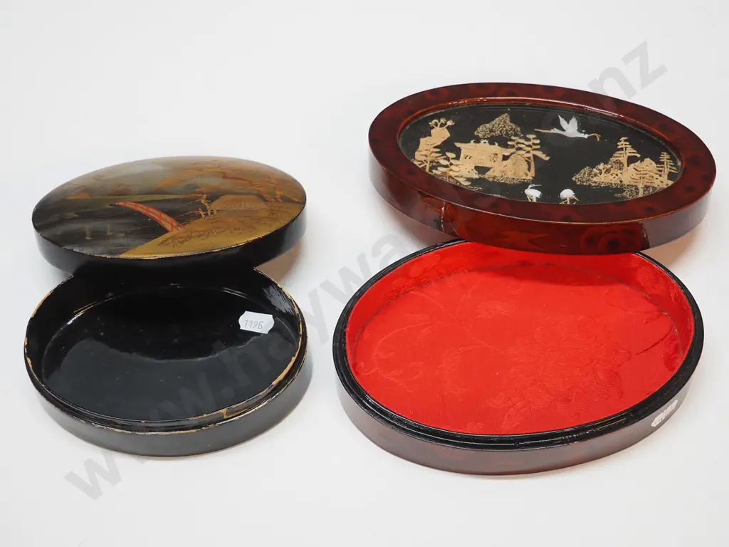 2 trinket boxes - 1 wooden with Asian scene & 1 paper mache Image 1++